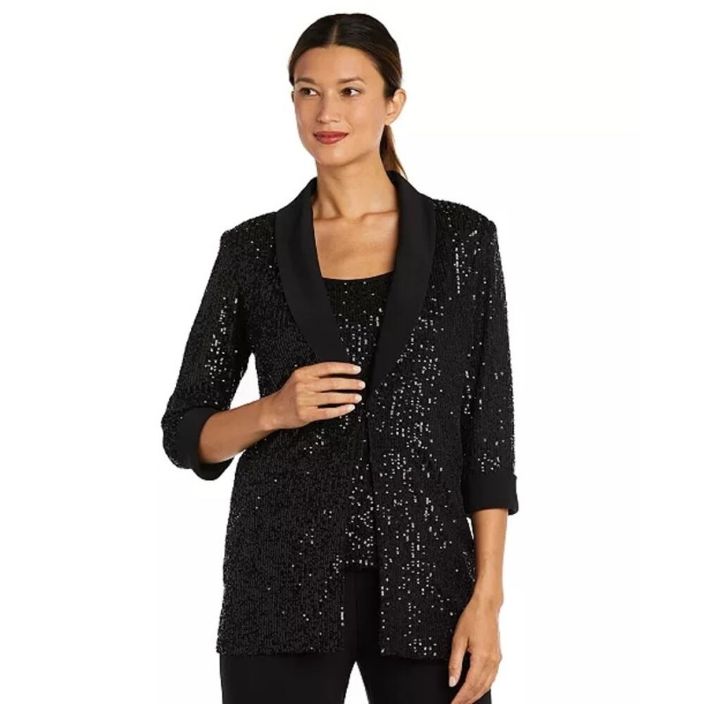 Womens Sequin Pant Suit Sz 10/12 Black Formal Evening Cocktail Party Set R & M - Picture 3 of 11
